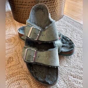 Birkenstock Suede Shearling Slide Sandals in Beryl Green